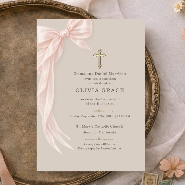 First Holy Communion Bow Girl Taupe Invitation (Creator Uploaded)