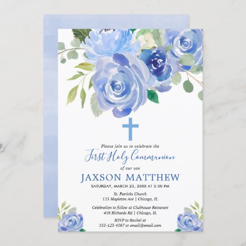 First Holy Communion boy blue floral watercolors Invitation