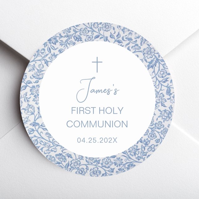 First Holy Communion Boy Blue White Floral Pattern Classic Round Sticker (Creator Uploaded)