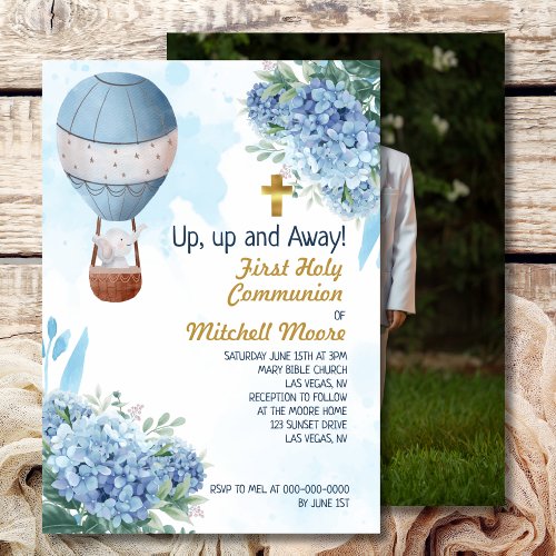 First Holy Communion Boy Hot Air Balloon Elephant  Invitation