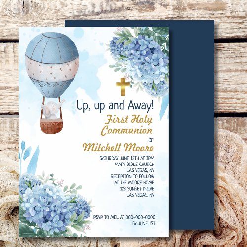 First Holy Communion Boy Hot Air Balloon Elephant  Invitation