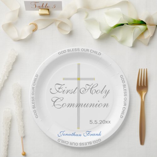 First Holy Communion Boy Name Silver Cross Paper Plates