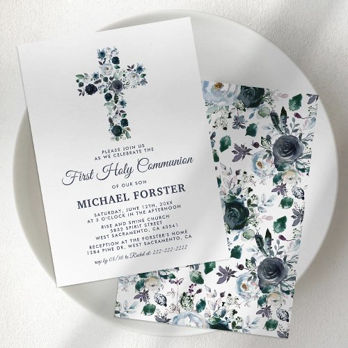 First Holy Communion Boys Blue Floral Cross Invitation