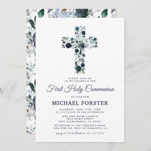 First Holy Communion Boy's Blue Floral Cross Invitation - Elegant first holy communion invitation featuring a simple white background that can be changed to any color, a blue watercolor floral religious cross, and a modern template that is easy to personalize.