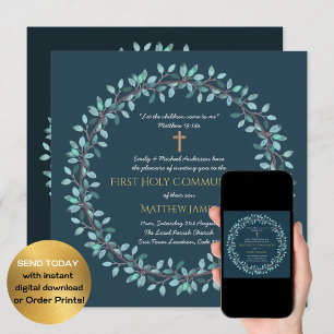 First Holy Communion Boys Blue Wreath Invitations