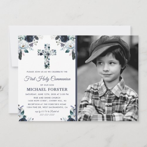 First Holy Communion Boys Floral Cross Photo Invitation - Elegant boy first holy communion invitation featuring a simple white background that can be changed to any color, a photo of your child, a rustic blue watercolor floral religious cross and flower display, and a modern communion template that is easy to personalize.