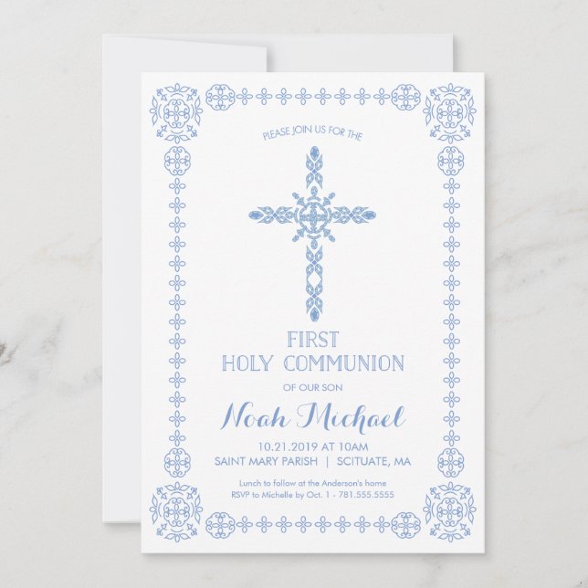 First Holy Communion Boys Invitation Elegant Cross (Front)