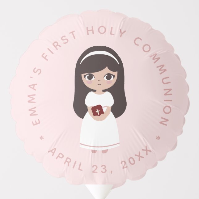 First Holy Communion Brunette Girl Black Hair Pink Balloon (Front)