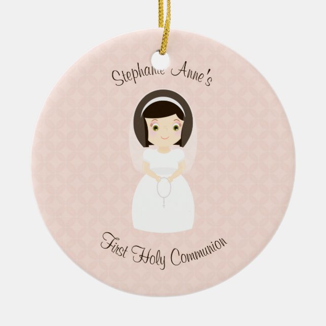 First Holy Communion Brunette Girl Ceramic Ornament (Front)