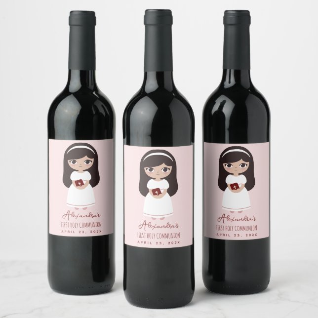 First Holy Communion Brunette Girl Cute Pink  Wine Label (Bottles)