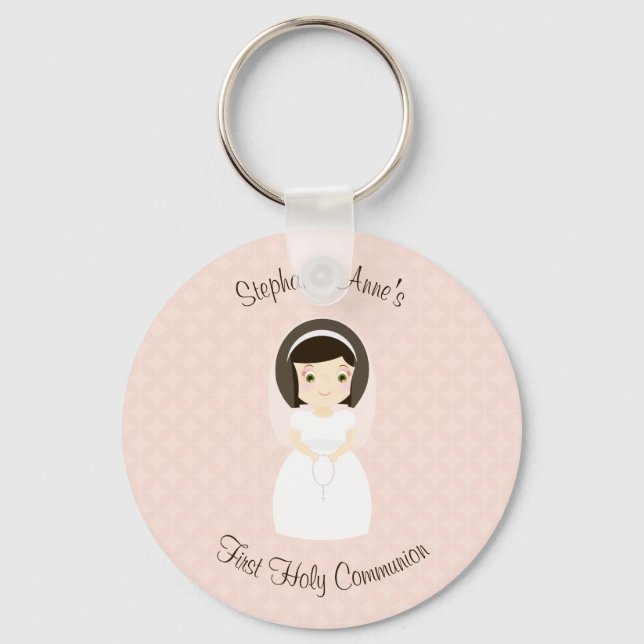 First Holy Communion Brunette Girl Keychain (Front)