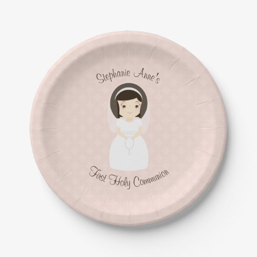 First Holy Communion Brunette Girl Paper Plates