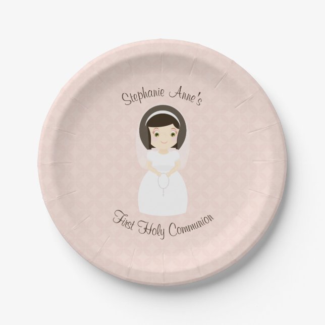 First Holy Communion Brunette Girl Paper Plates (Front)