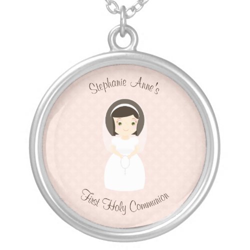 First Holy Communion Brunette Girl Silver Plated Necklace