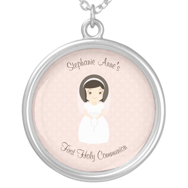 First Holy Communion Brunette Girl Silver Plated Necklace (Front)