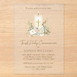 First Holy Communion Candle Bible Greenery Acrylic Invitations