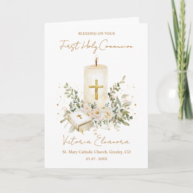 First Holy Communion Candle Bible Greenery Leaves Card (Front)