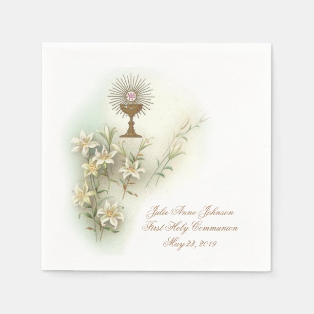 First Holy Communion Catholic Chalice Host Lilies Napkins (Front)
