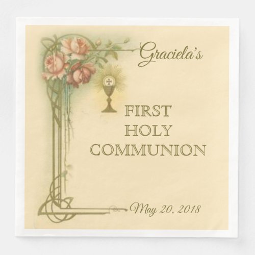 First Holy Communion Catholic Chalice Host Roses Paper Dinner Napkins