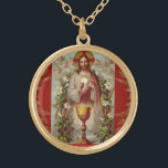 First Holy Communion Catholic Jesus Angels Gold Plated Necklace<br><div class="desc">This is a beautiful traditional Catholic image of Jesus offering the host with the chalice,  flowers and a red background.</div>