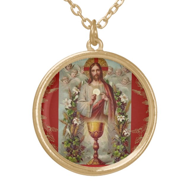 First Holy Communion Catholic Jesus Angels Gold Plated Necklace (Front)