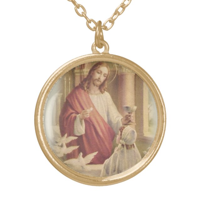First Holy Communion Catholic Jesus Girl Gold Plated Necklace (Front)