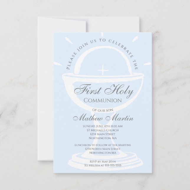 First Holy Communion Chalice Blue Boy Invitation (Front)