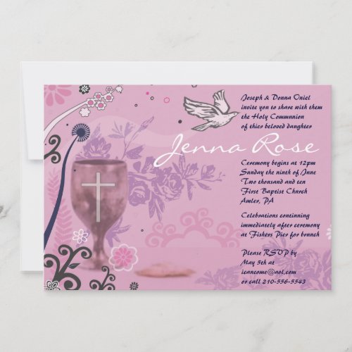 First Holy Communion Chalice Dove Invitation pink