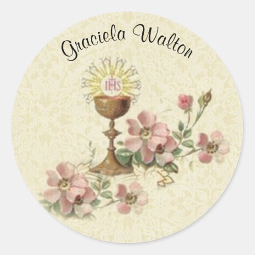 First Holy Communion Chalice Flowers Remembrance Classic Round Sticker