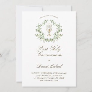 First Holy Communion chalice greenery crest Invitation