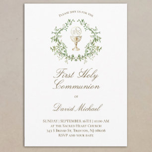 First Holy Communion chalice greenery crest Invitation