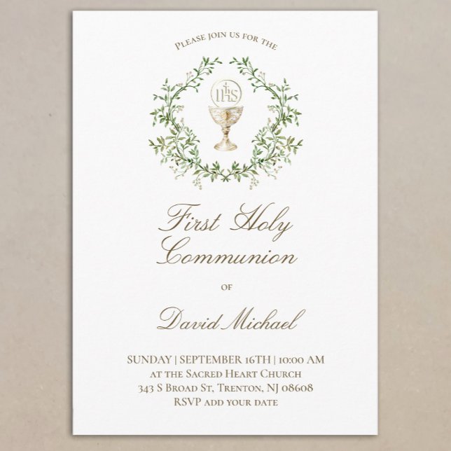 First Holy Communion chalice greenery crest Invitation (Creator Uploaded)