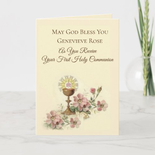 First Holy Communion Chalice Host Flowers Card
