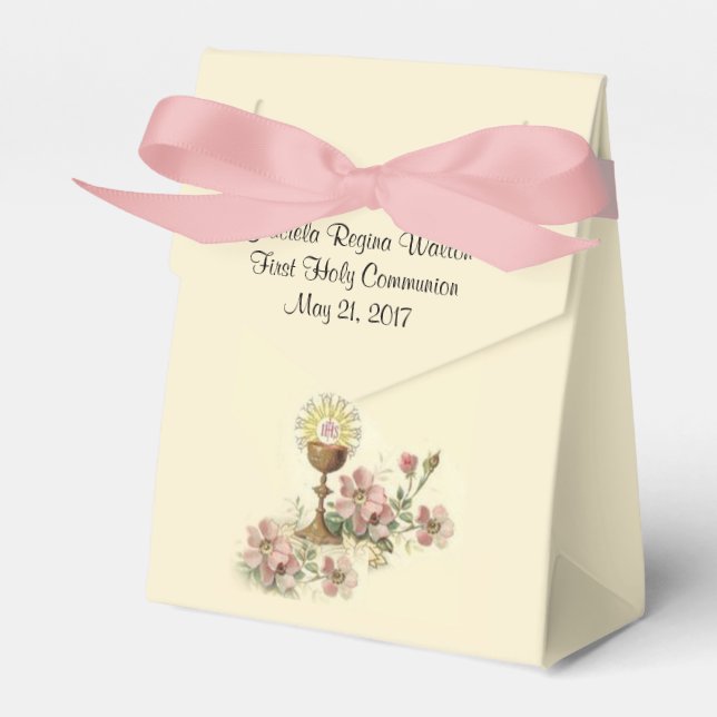 First Holy Communion Chalice Host Pink Flowers Favor Boxes (Front Side)