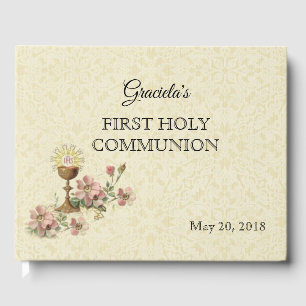 First Holy Communion Chalice Host Pink Flowers Guest Book