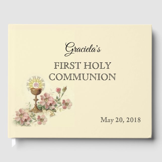 First Holy Communion Chalice Host Pink Flowers Guest Book (Front)