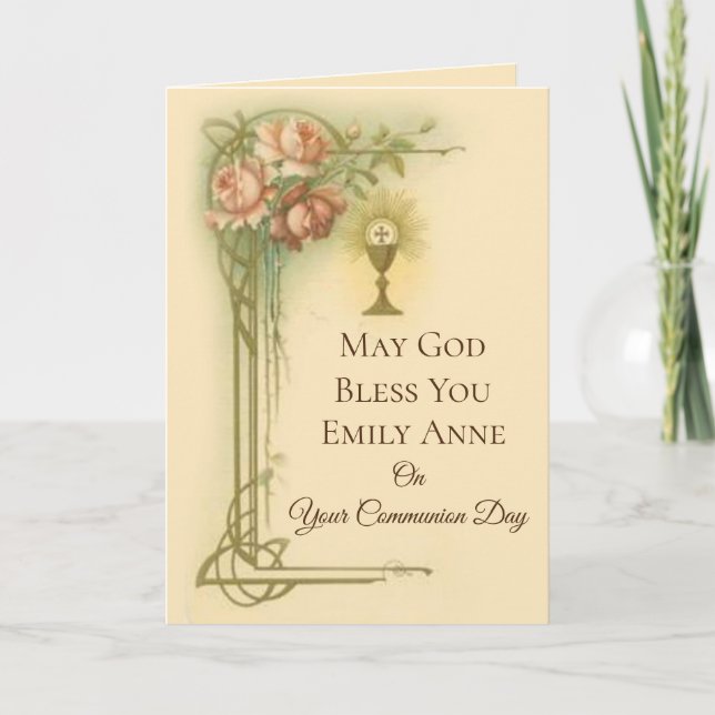 First Holy Communion Chalice Host Roses Card (Front)