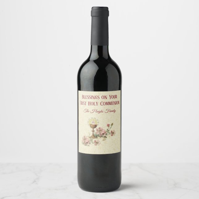 First Holy Communion Chalice Pink Flowers Wine Label (Front)