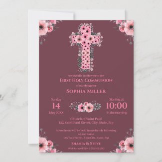 First Holy Communion Chic Girl Pink Flower Cross I