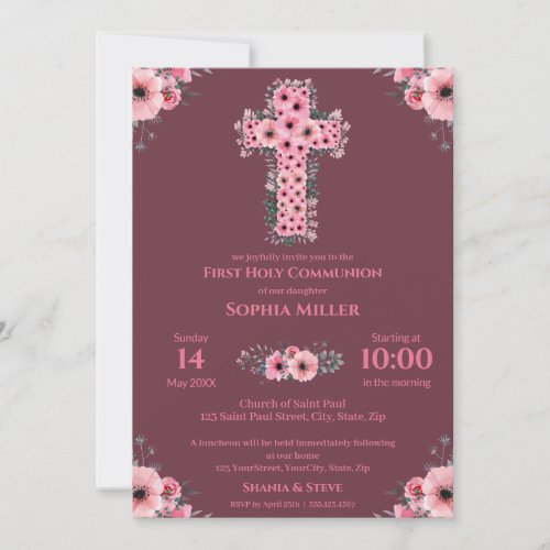 First Holy Communion Chic Girl Pink Flower Cross I Invitation