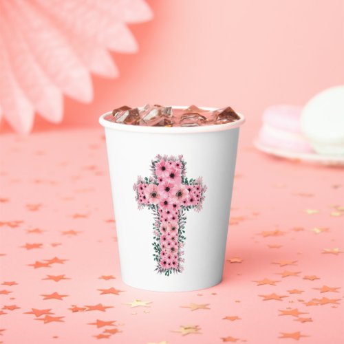 First Holy Communion Chic Girl Pink Flower Cross Paper Cups