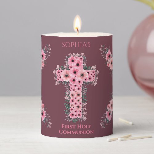 First Holy Communion Chic Girl Pink Flower Cross Pillar Candle