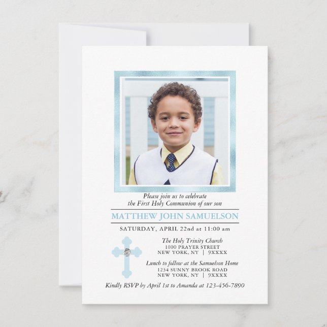 First Holy Communion Cross Blue Boy | PHOTO DIY Invitation (Front)