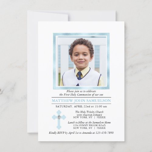 First Holy Communion Cross Blue Boy  PHOTO DIY Invitation