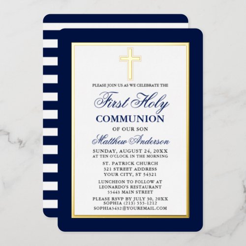 First Holy Communion Cross Blue Stripes Gold Frame Foil Invitation