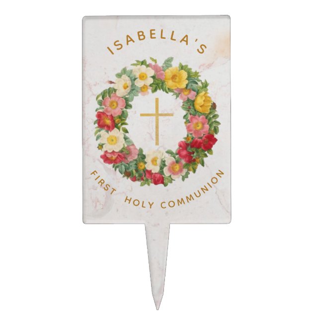 First Holy Communion Cross in Rose Wreath Marble Cake Topper (Front)
