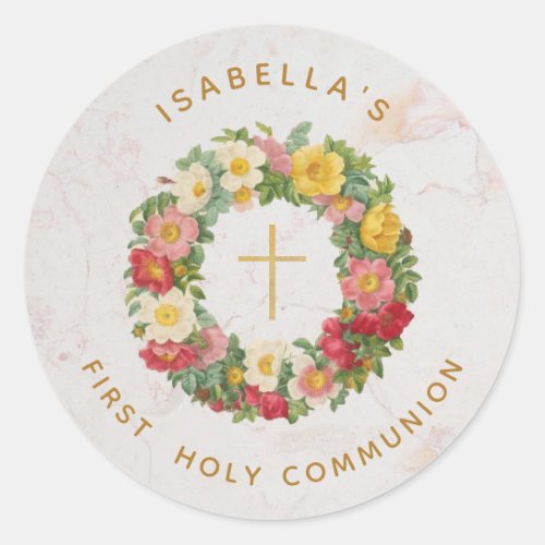 First Holy Communion Cross in Rose Wreath Marble Classic Round Sticker