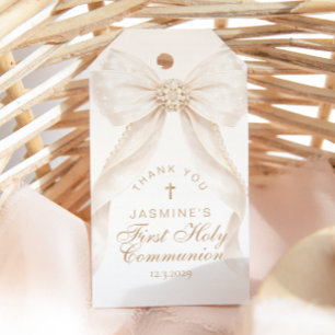 First Holy Communion Cross Ivory Bow Thank you Gift Tags