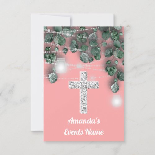 First Holy Communion Cross Lights JAR Green Pink Invitation