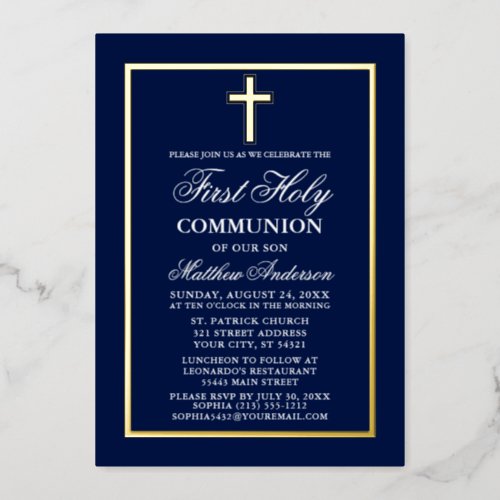 First Holy Communion Cross Navy Blue Gold Foil Invitation